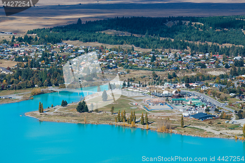 Image of Aerial view of Lake Tekapo from Mount John Observatory in Canter