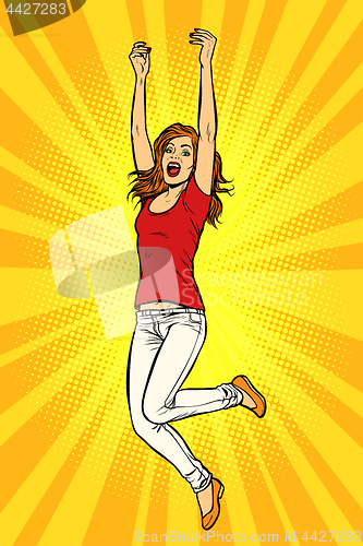 Image of Joyful young woman jumping up