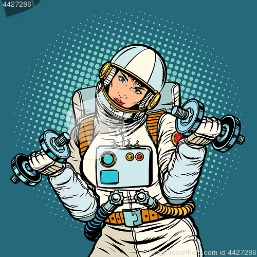 Image of woman astronaut with dumbbells