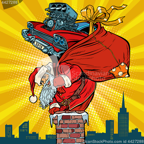 Image of retro racing car. Santa Claus with gifts climbs into the chimney