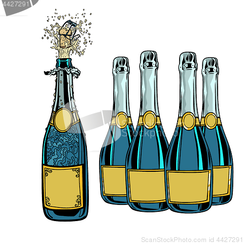 Image of Bottle of champagne. Celebration holiday greetings. New year and