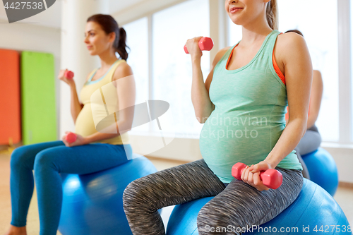 Image of pregnant women training with exercise balls in gym