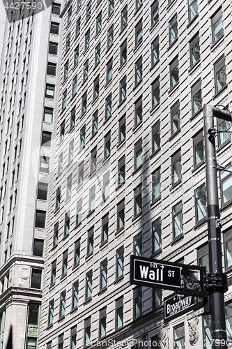 Image of Wall St. street sign in lower Manhattan, New York City.