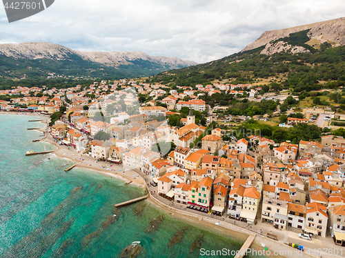 Image of Aerial panoramic view of Baska town, popular touristic destination on island Krk, Croatia, Europe