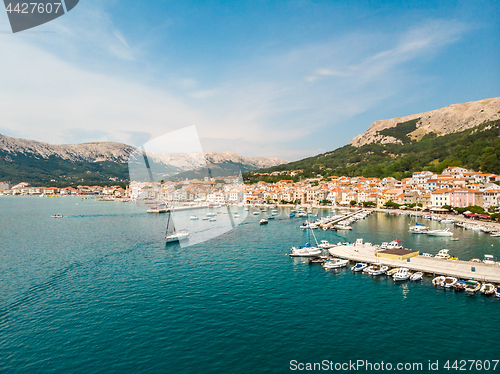 Image of Aerial panoramic view of Baska town, popular touristic destination on island Krk, Croatia, Europe