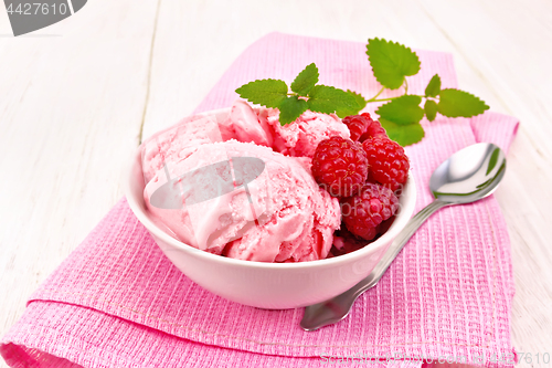 Image of Ice cream crimson with mint in bowl on light board