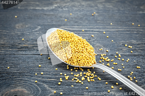 Image of Mustard seeds in metal spoon on black board