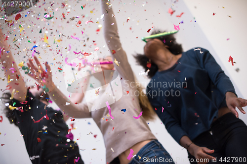 Image of confetti party multiethnic group of people