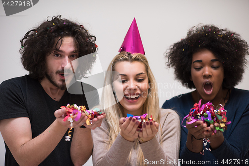 Image of confetti party multiethnic group of people