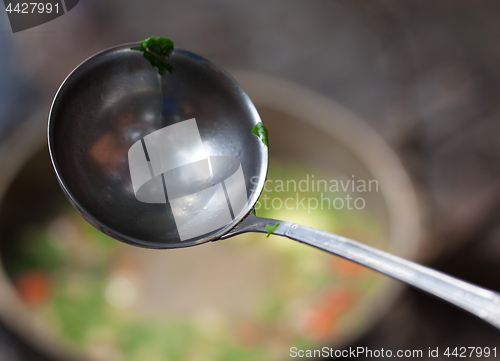 Image of Wet metal ladle (spoon) with pieces of coriander leaf