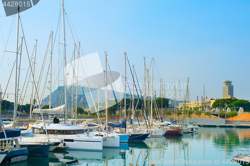 Image of Sailboats at Port Vell. Barcelona, Spain