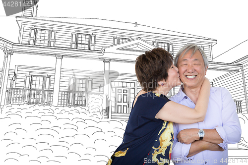 Image of Chinese Senior Adult Couple Kissing In Front Of Custom House Dra