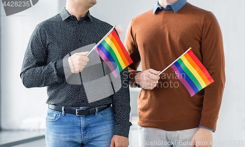 Image of close up of happy male couple with gay pride flags