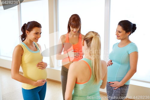 Image of happy pregnant women talking in gym