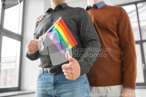 Image of male couple with gay pride flags showing thumbs up