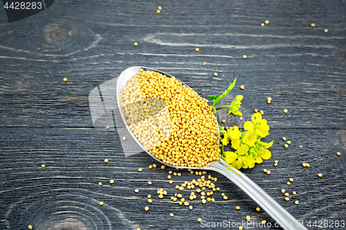 Image of Mustard seeds in metal spoon with flower on black board