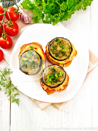 Image of Appetizer of aubergines and cheese on board top