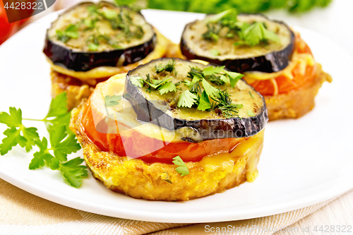 Image of Appetizer of aubergines and cheese in plate on towel