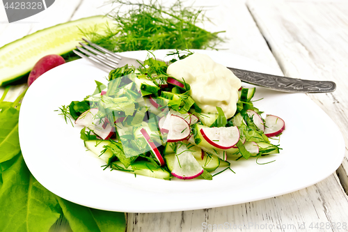 Image of Salad with radishes and sorrel in plate on light board