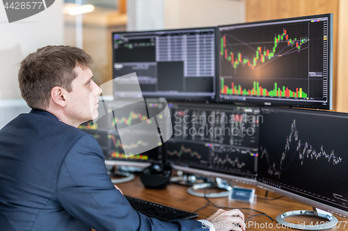 Image of Stock trader looking at computer screens in trdading office.