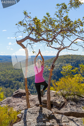 Image of Female yoga asanas in mountain wilderness views