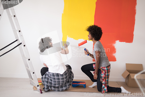 Image of multiethnic couple painting interior wall