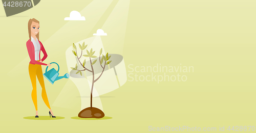 Image of Woman watering tree vector illustration.