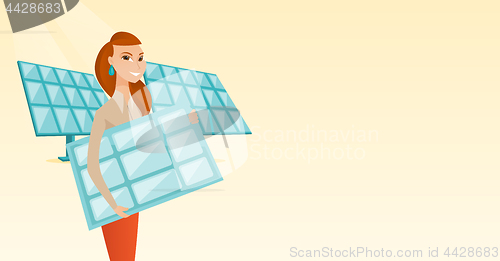 Image of Woman holding solar panel vector illustration.