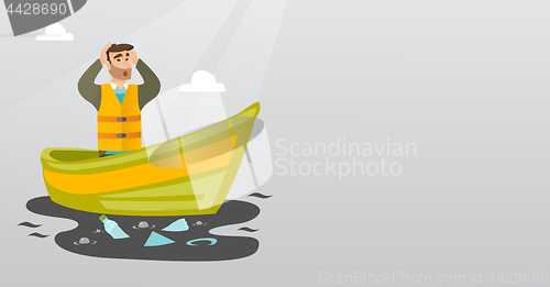 Image of Man floating in a boat in polluted water.