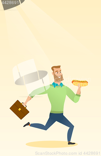 Image of Business man eating hot dog vector illustration.