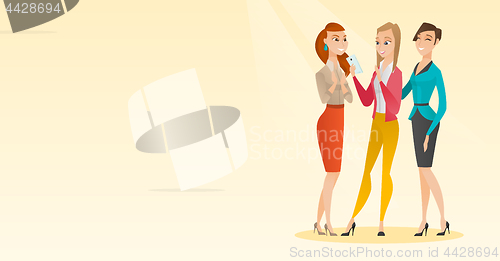 Image of Three smiling friends looking at mobile phone.