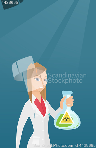 Image of Scientist holding flask with biohazard sign.