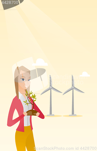 Image of Woman holding small plant vector illustration.