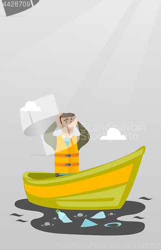 Image of Man floating in a boat in polluted water.