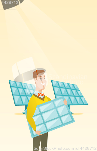 Image of Man holding solar panel vector illustration.