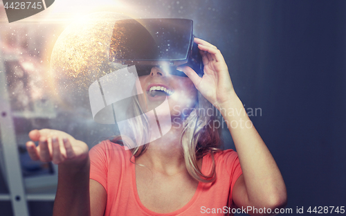 Image of woman in virtual reality headset or 3d glasses