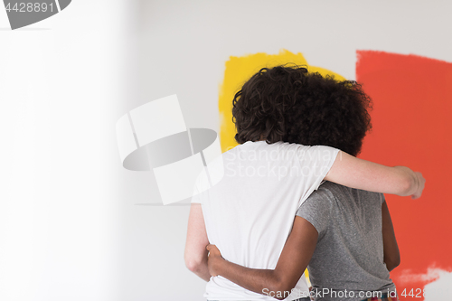 Image of multiethnic couple painting interior wall