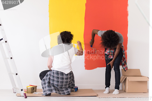 Image of multiethnic couple painting interior wall