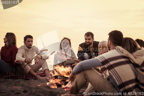 Image of Group Of Young Friends Sitting By The Fire at beach