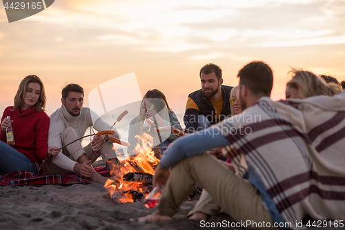 Image of Group Of Young Friends Sitting By The Fire at beach