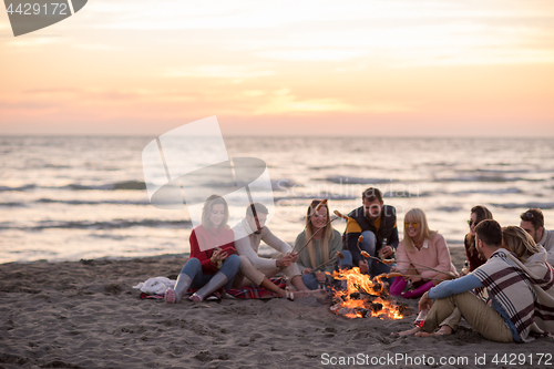 Image of Group Of Young Friends Sitting By The Fire at beach