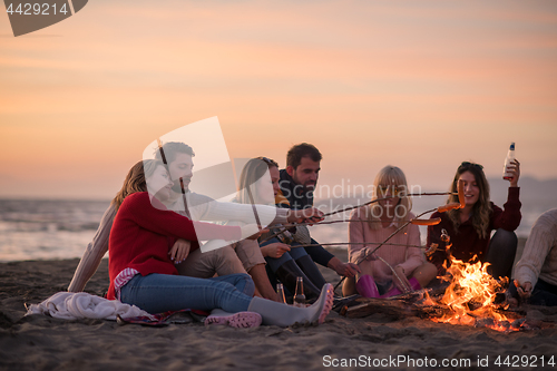 Image of Group Of Young Friends Sitting By The Fire at beach