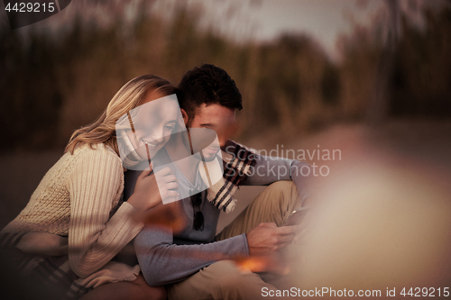 Image of Group Of Young Friends Sitting By The Fire at beach