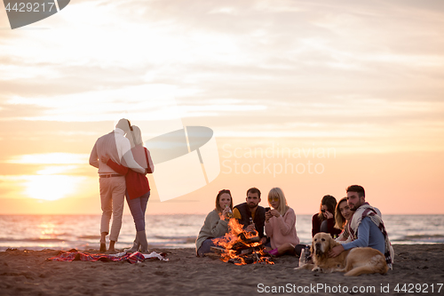 Image of Couple enjoying with friends at sunset on the beach