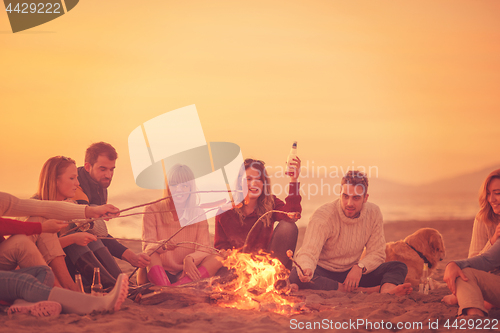 Image of Group Of Young Friends Sitting By The Fire at beach