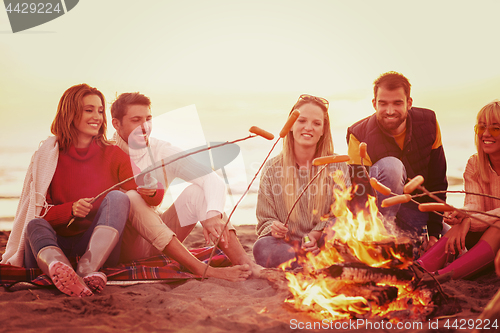 Image of Group Of Young Friends Sitting By The Fire at beach