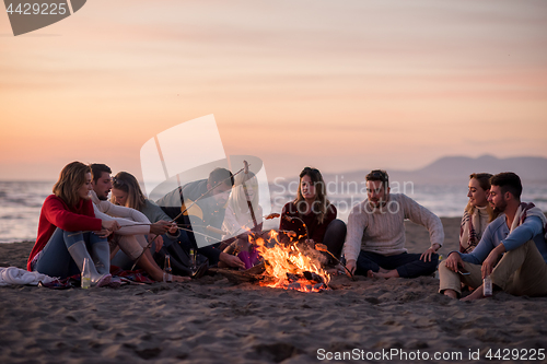 Image of Group Of Young Friends Sitting By The Fire at beach