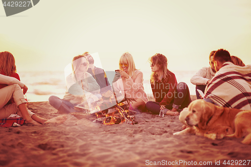 Image of Friends having fun at beach on autumn day