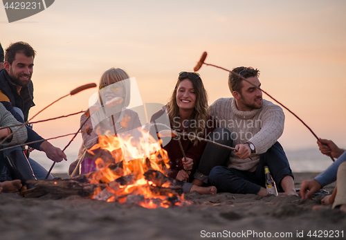 Image of Group Of Young Friends Sitting By The Fire at beach