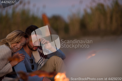 Image of Group Of Young Friends Sitting By The Fire at beach